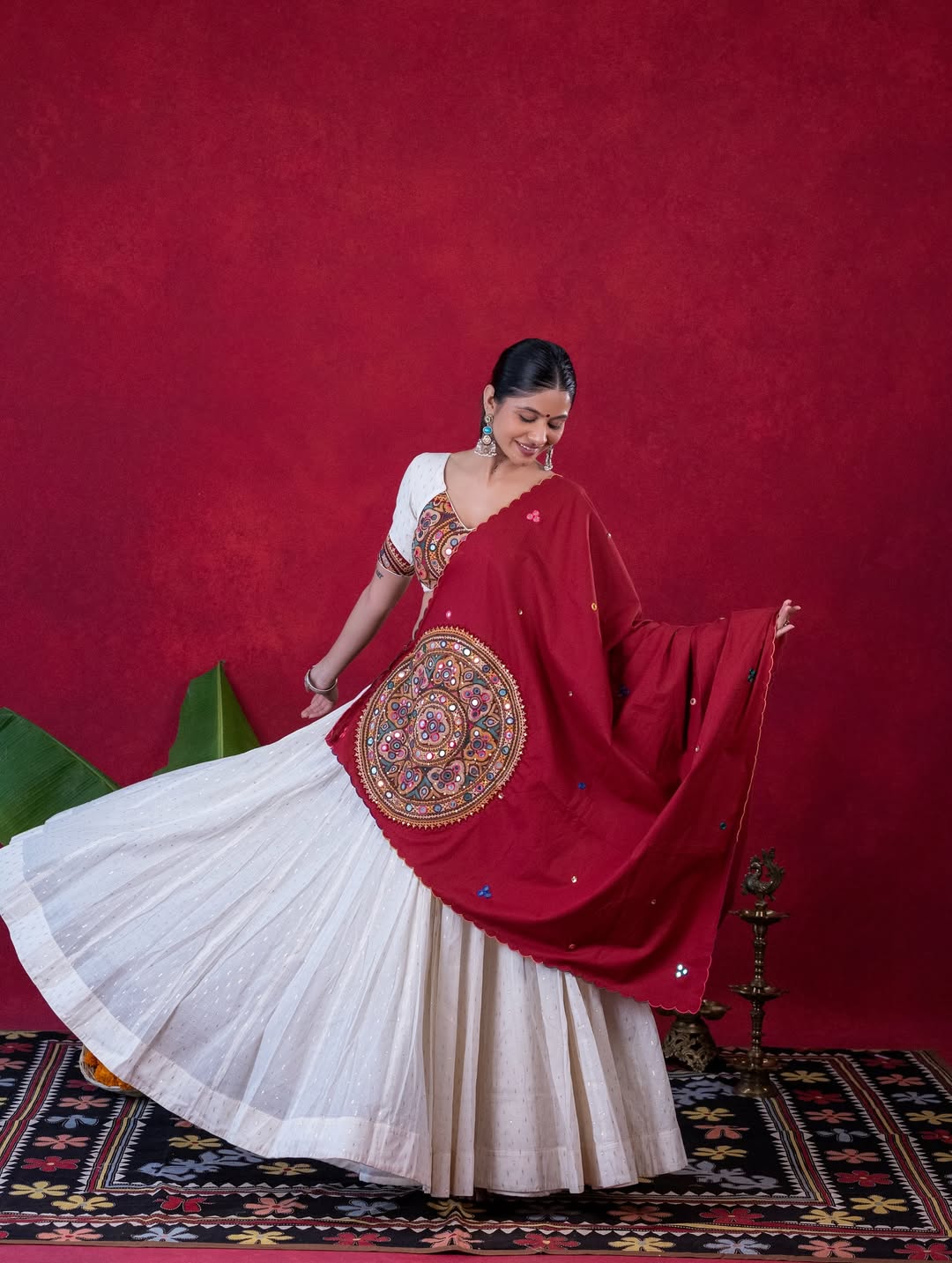 Dark Red & White Tissue Kalamkari Lehenga Choli