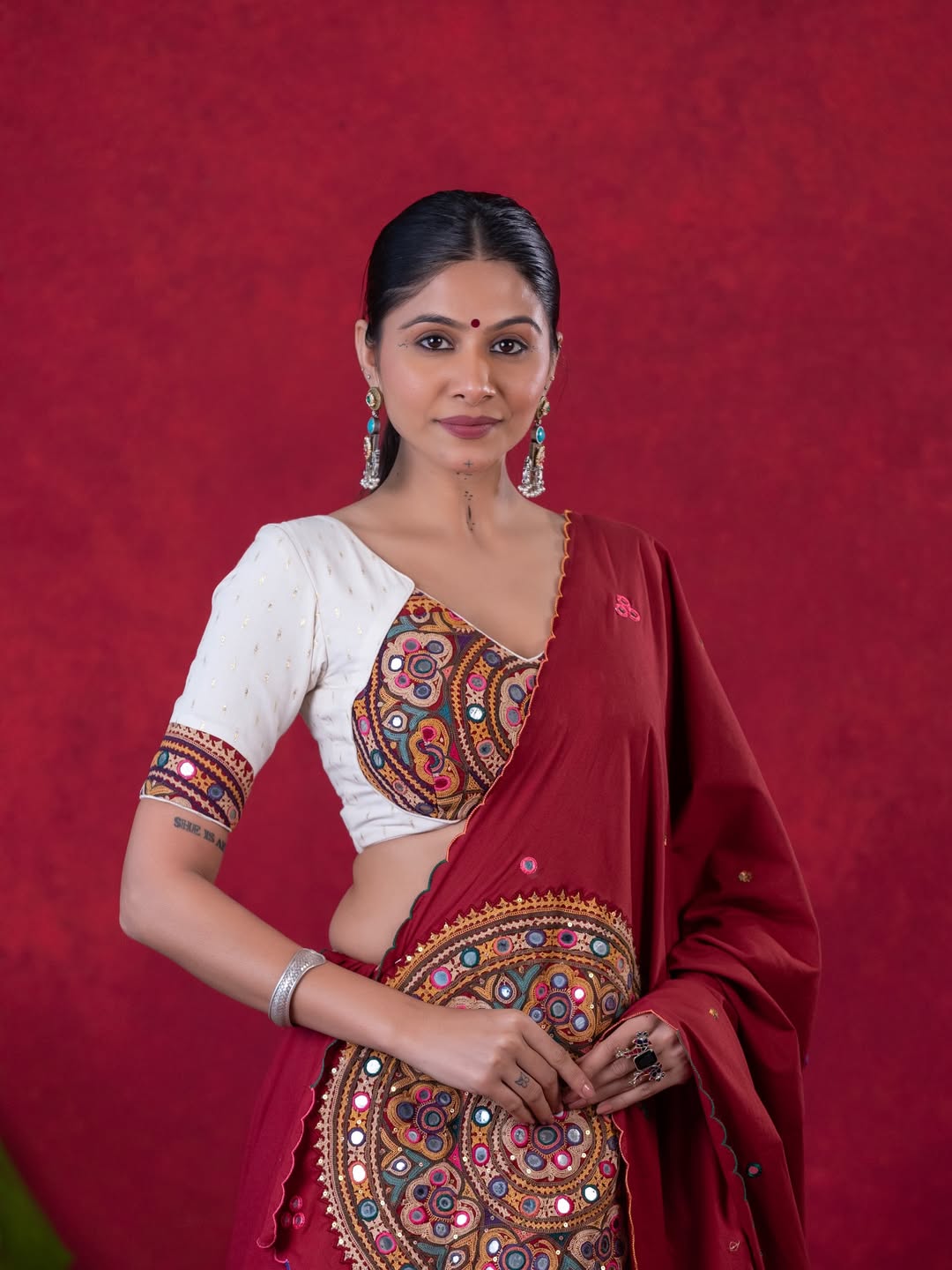 Dark Red & White Tissue Kalamkari Lehenga Choli