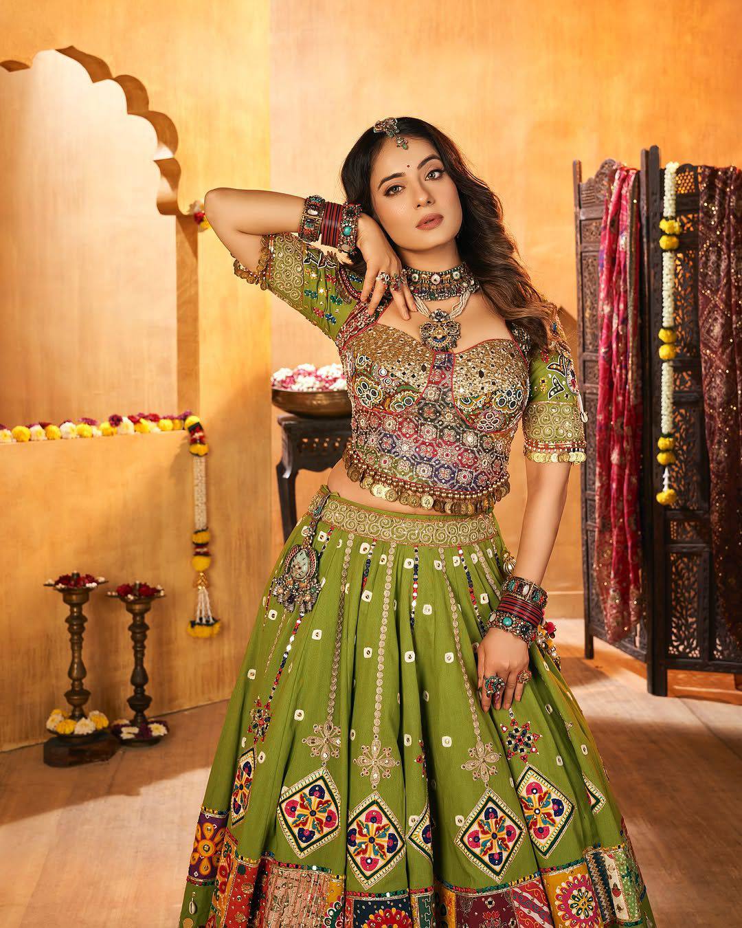 Green Color Digital Print with Mirror Work Designer Navratri Lehenga Choli