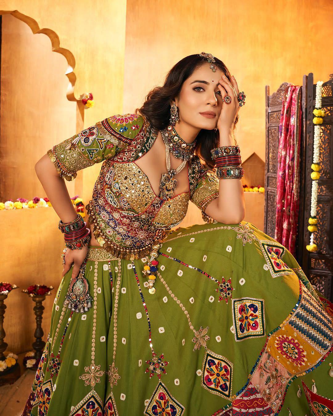 Green Color Digital Print with Mirror Work Designer Navratri Lehenga Choli