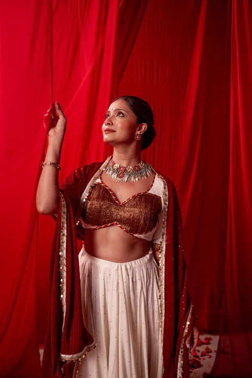 Kali Copper Tissue Contrast Lehenga Set