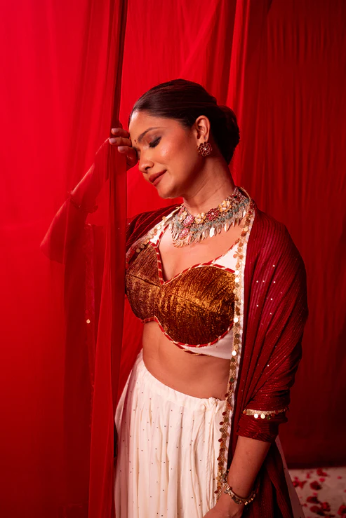 Kali Copper Tissue Contrast Lehenga Set