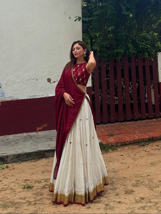 Maroon White Chiffon Cotton Mirror Work Lehenga Choli