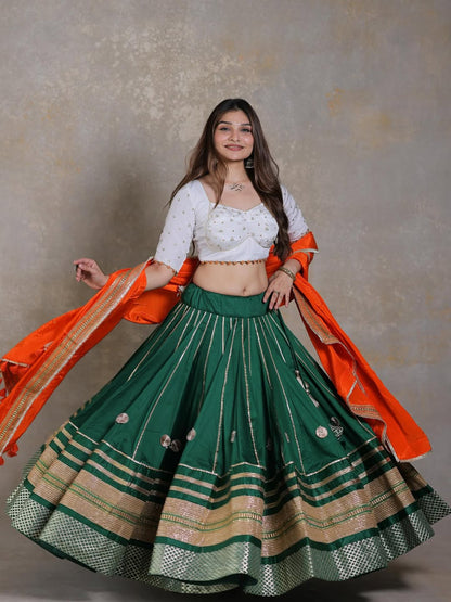 Embroidery and Real Mirror Work Green Lehenga Choli Set