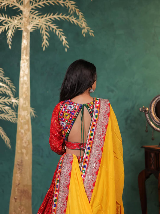 Traditional Mirror Work Lehenga Choli with Silk Inner and Soft Muslin Dupatta