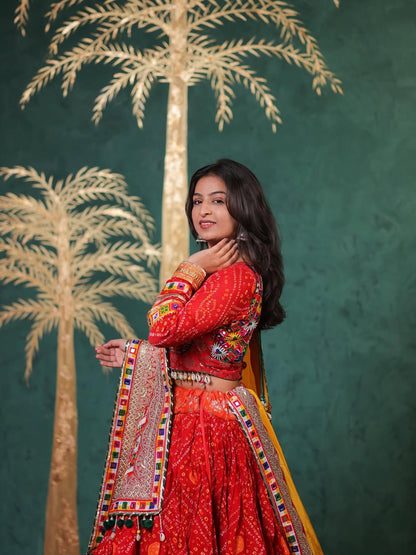 Traditional Mirror Work Lehenga Choli with Silk Inner and Soft Muslin Dupatta