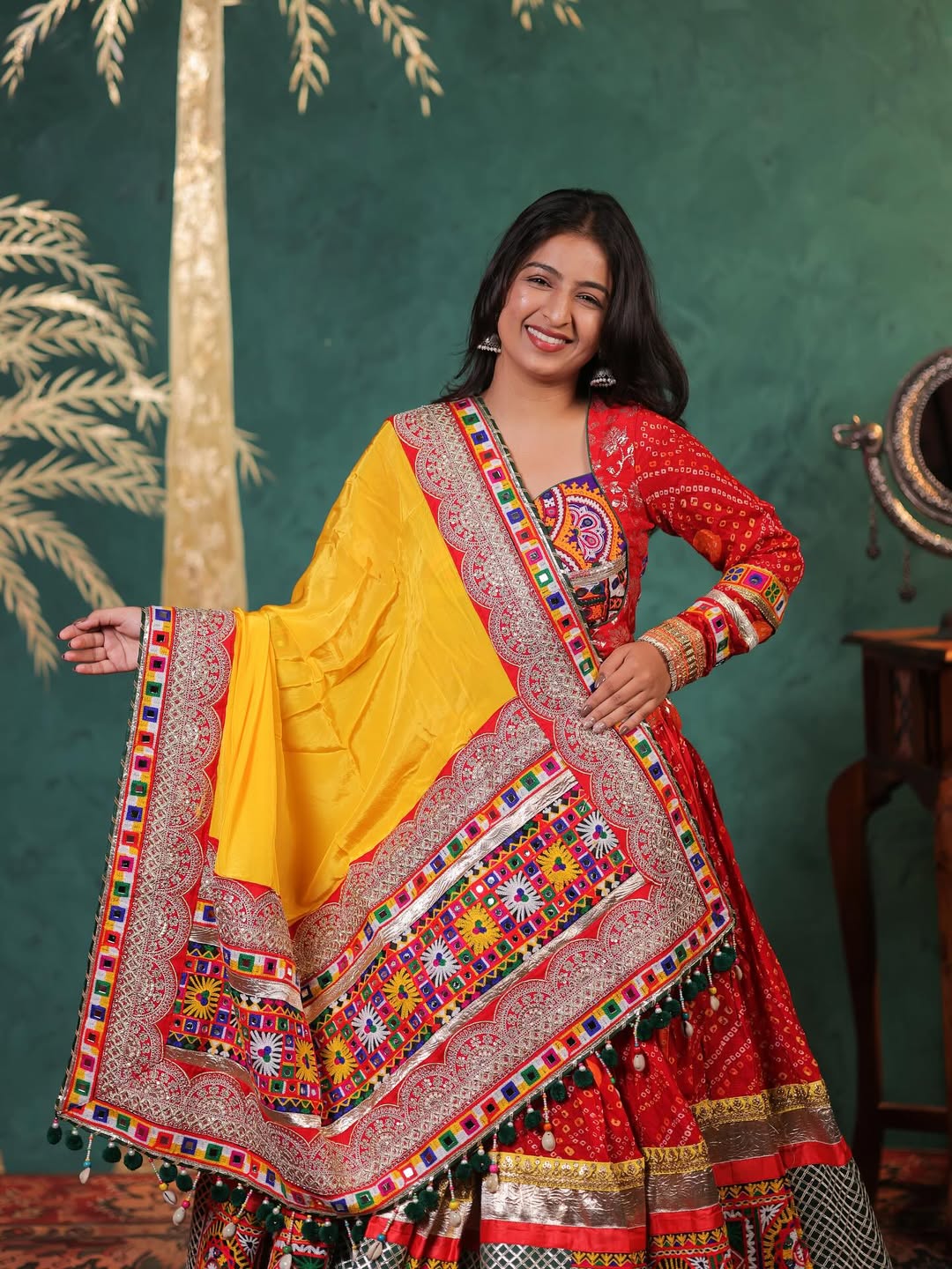 Traditional Mirror Work Lehenga Choli with Silk Inner and Soft Muslin Dupatta