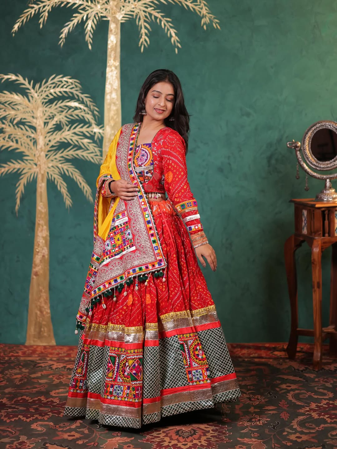 Traditional Mirror Work Lehenga Choli with Silk Inner and Soft Muslin Dupatta