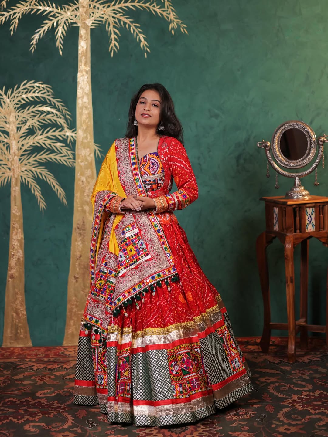Traditional Mirror Work Lehenga Choli with Silk Inner and Soft Muslin Dupatta