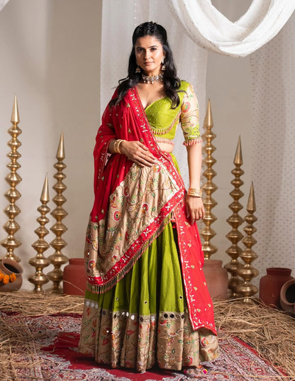 Beautiful Light Green Navratri Special Real Mirror Work Lehenga Choli