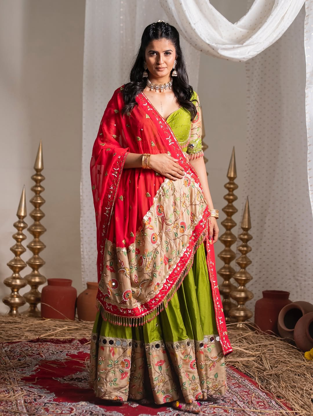 Beautiful Light Green Navratri Special Real Mirror Work Lehenga Choli
