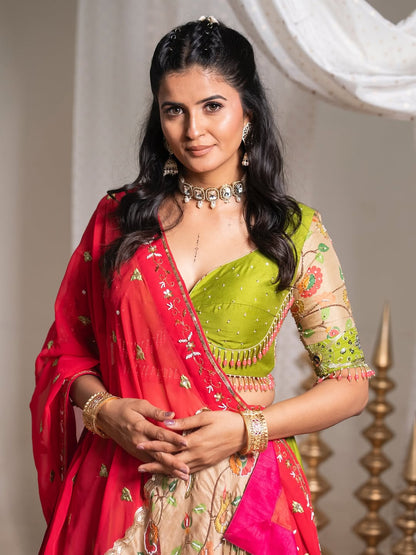Beautiful Light Green Navratri Special Real Mirror Work Lehenga Choli