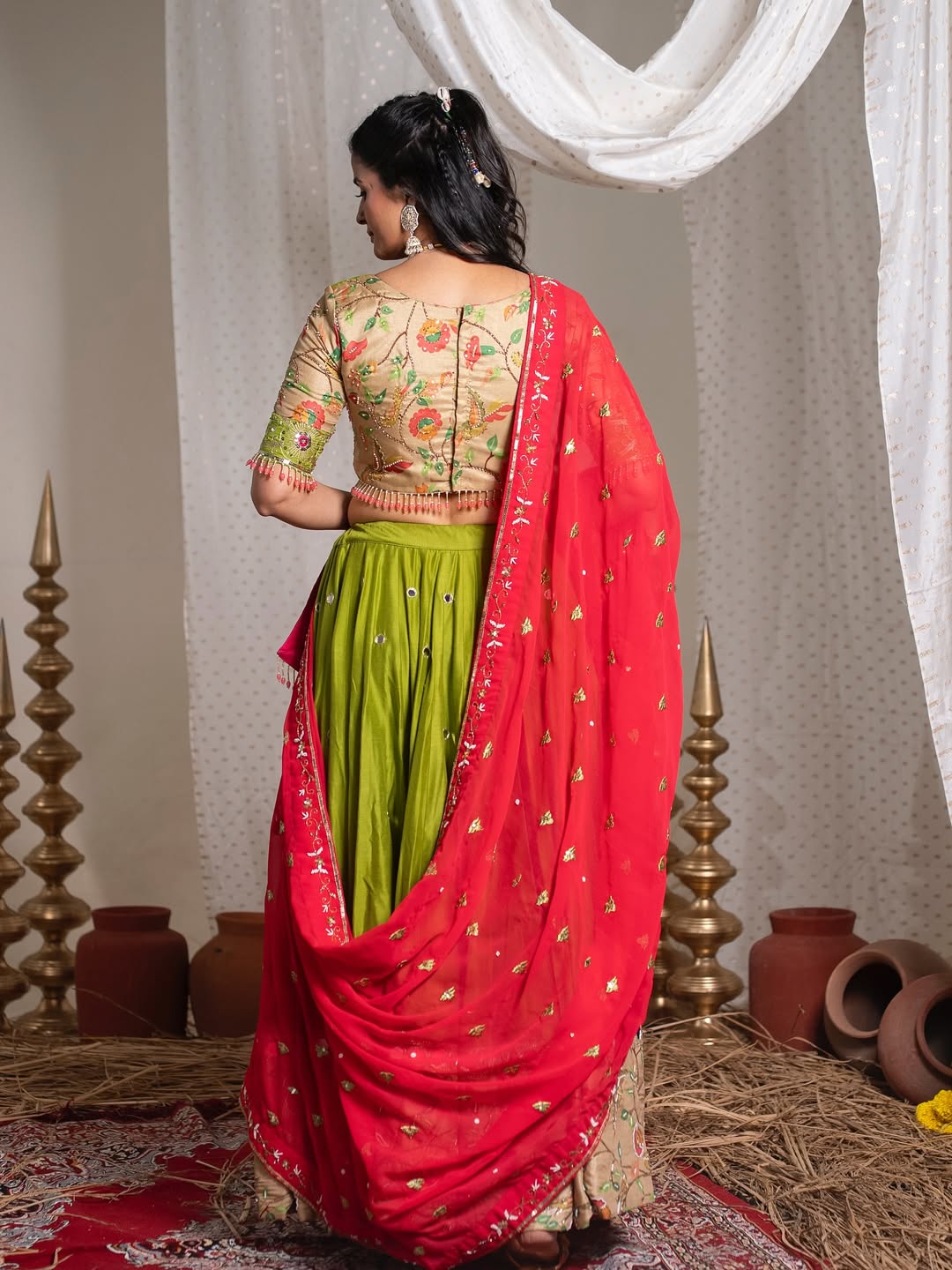 Beautiful Light Green Navratri Special Real Mirror Work Lehenga Choli
