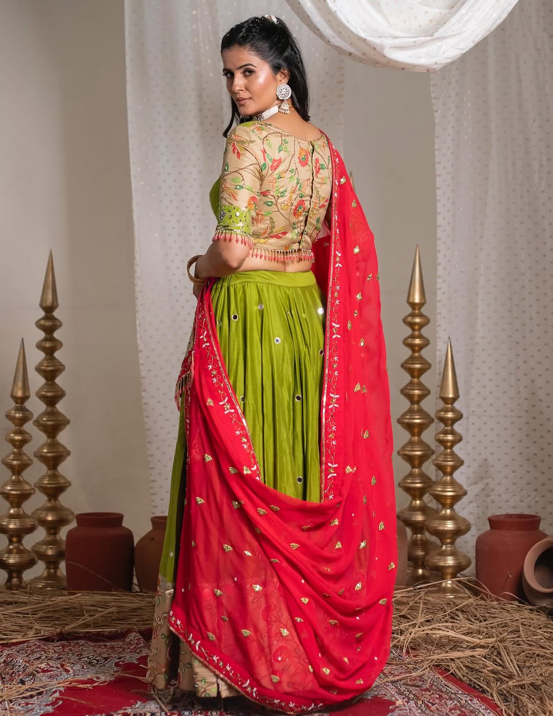 Beautiful Light Green Navratri Special Real Mirror Work Lehenga Choli