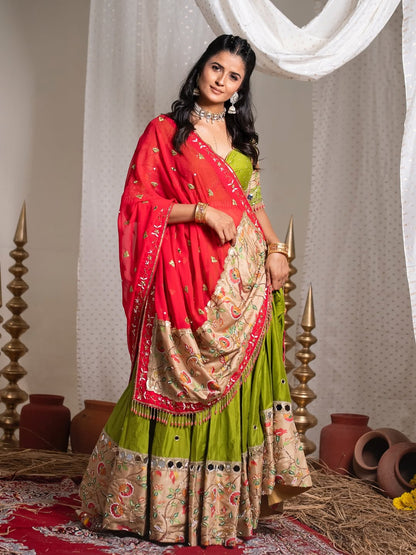 Beautiful Light Green Navratri Special Real Mirror Work Lehenga Choli