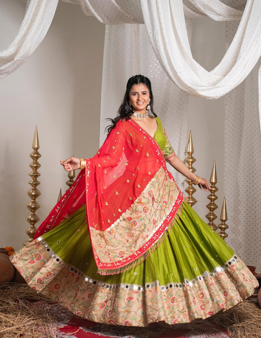 Beautiful Light Green Navratri Special Real Mirror Work Lehenga Choli