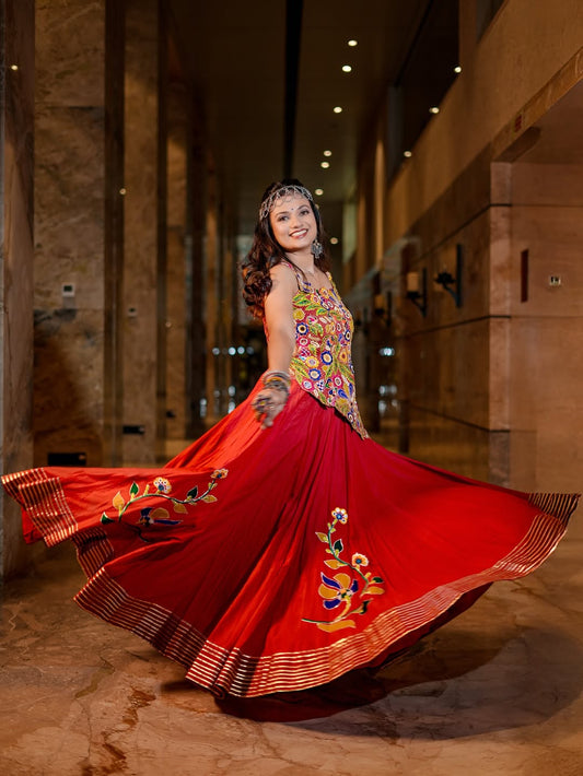 kutchi mirror work blouse and stunning flared Lahenga