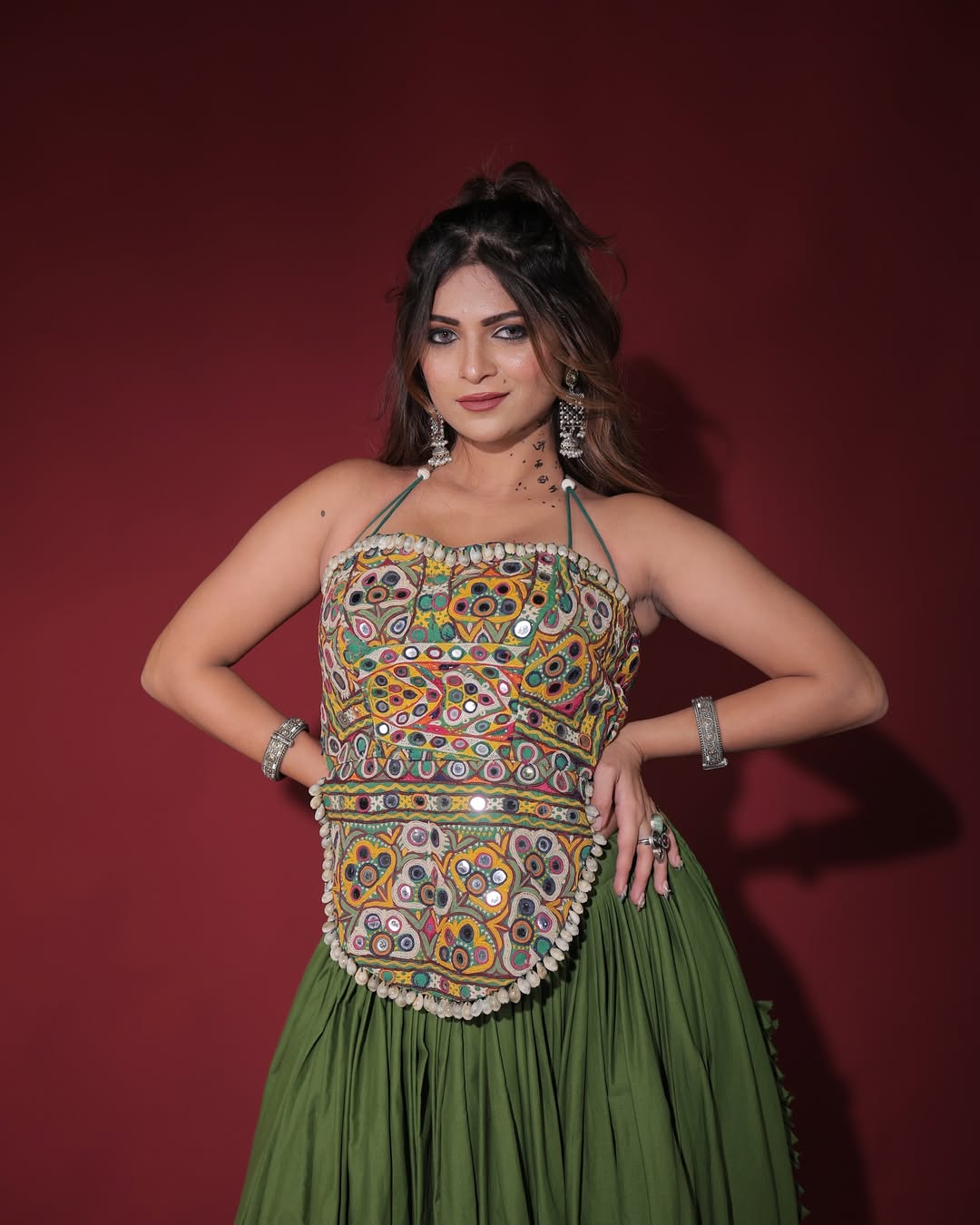 Navratri Special Fancy Hand-painted Chaniya with Kachhi twist blouse
