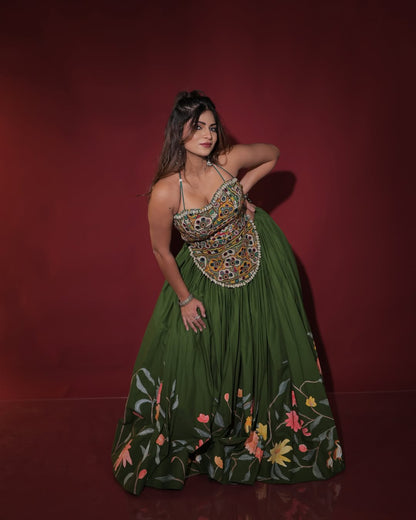 Navratri Special Fancy Hand-painted Chaniya with Kachhi twist blouse