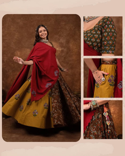 Oakre-Yellow Kalamkari disiner Lehenga Set
