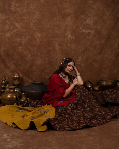 Oakre-Yellow Kalamkari disiner Lehenga Set