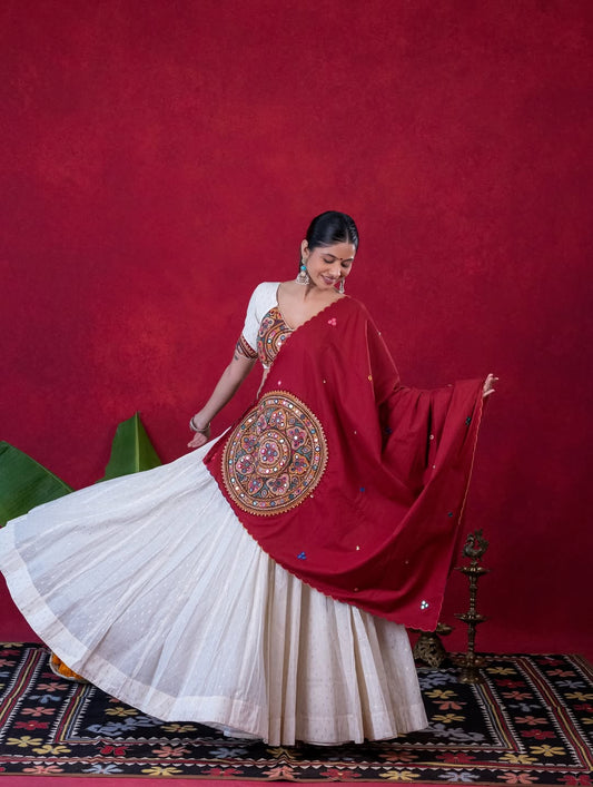 Dark Red & White Tissue Kalamkari Lehenga Choli