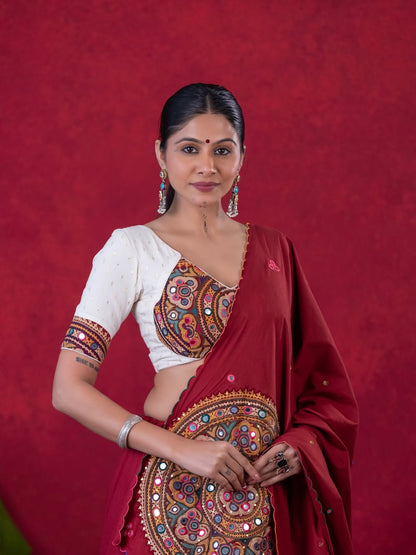 Dark Red & White Tissue Kalamkari Lehenga Choli