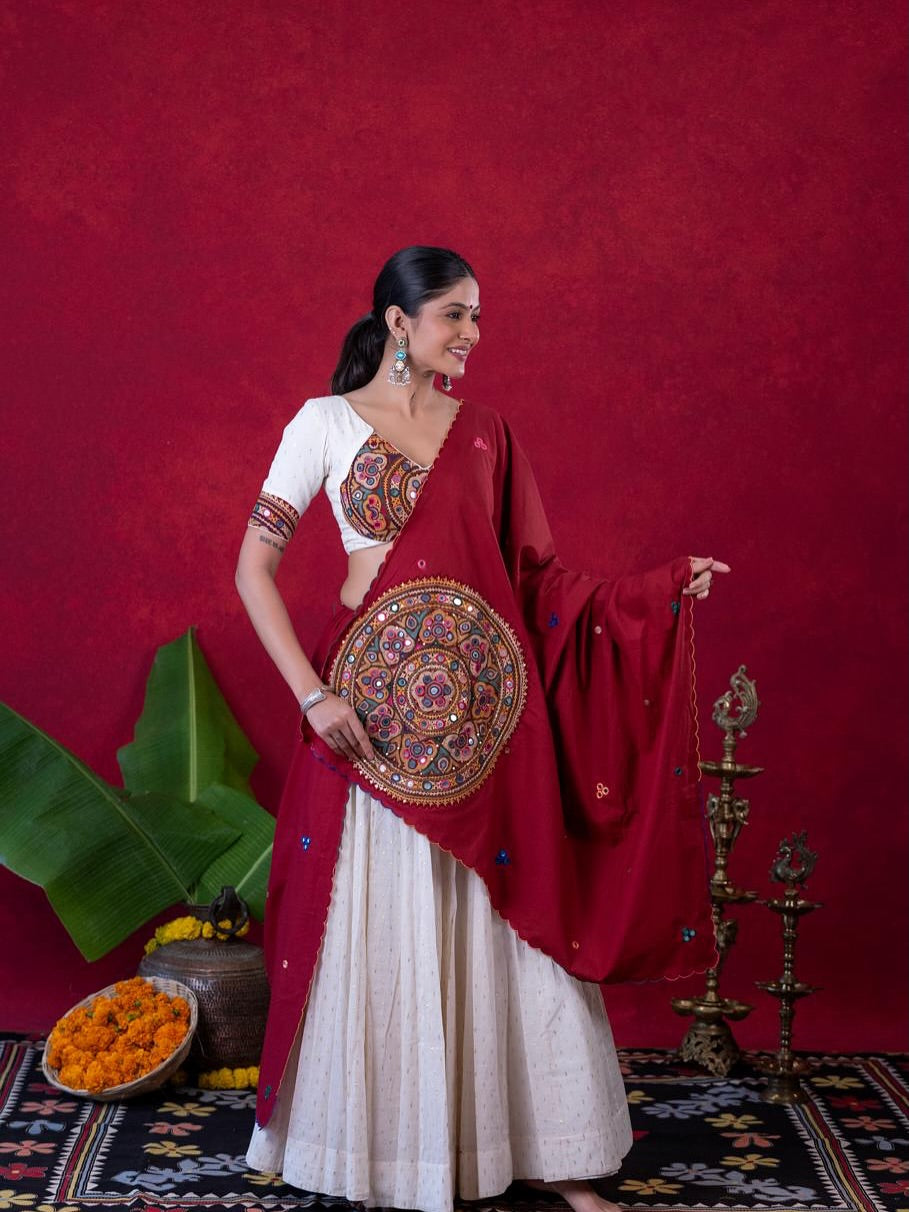 Dark Red & White Tissue Kalamkari Lehenga Choli