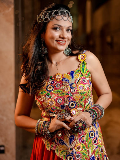 kutchi mirror work blouse and stunning flared Lahenga