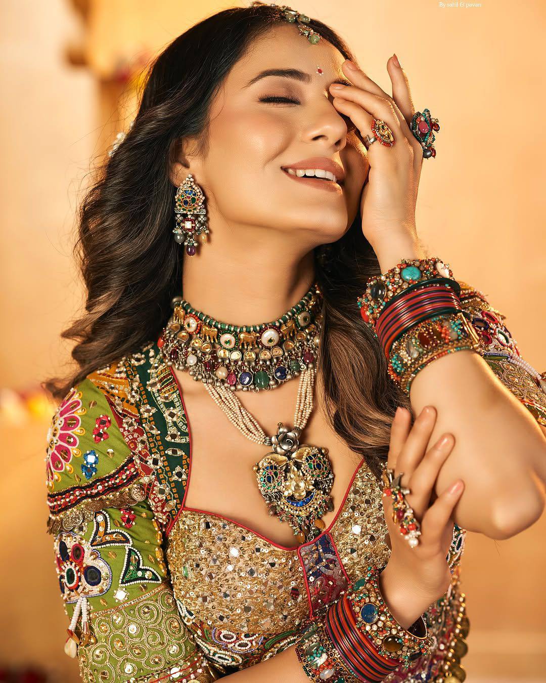 Green Color Digital Print with Mirror Work Designer Navratri Lehenga Choli
