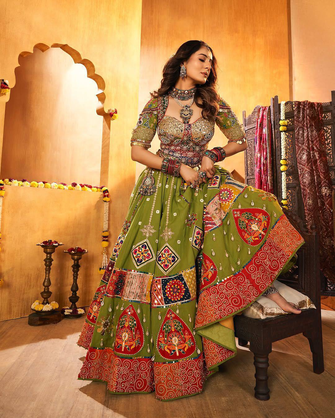 Green Color Digital Print with Mirror Work Designer Navratri Lehenga Choli