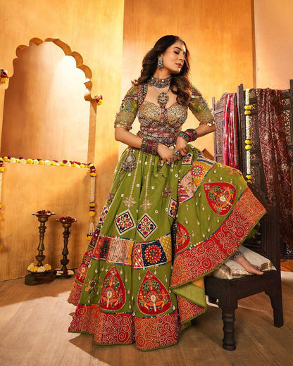 Green Color Digital Print with Mirror Work Designer Navratri Lehenga Choli