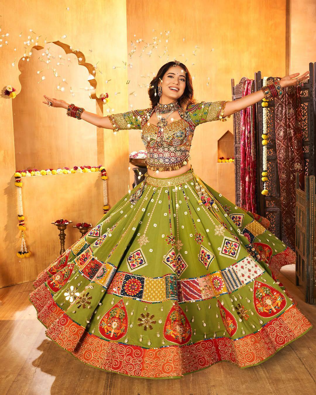 Green Color Digital Print with Mirror Work Designer Navratri Lehenga Choli