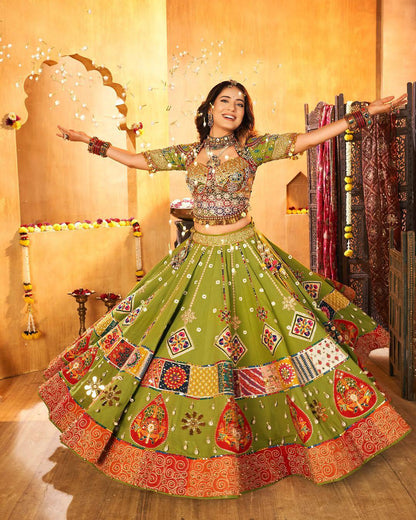 Green Color Digital Print with Mirror Work Designer Navratri Lehenga Choli