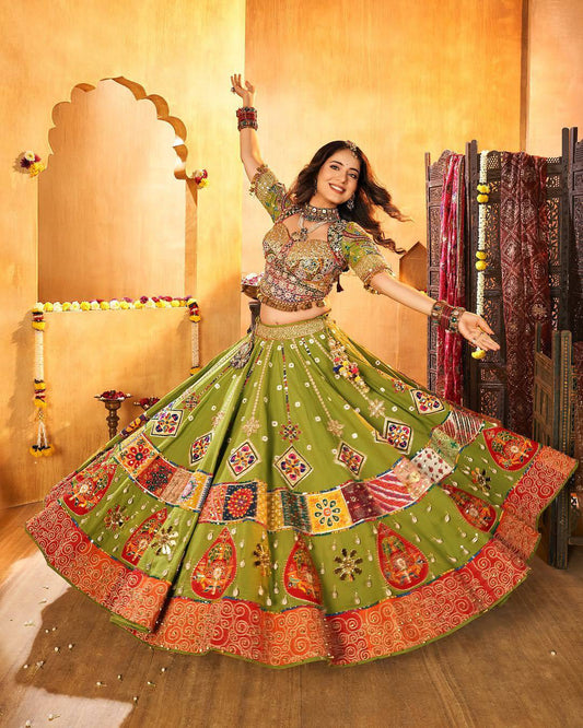 Green Color Digital Print with Mirror Work Designer Navratri Lehenga Choli