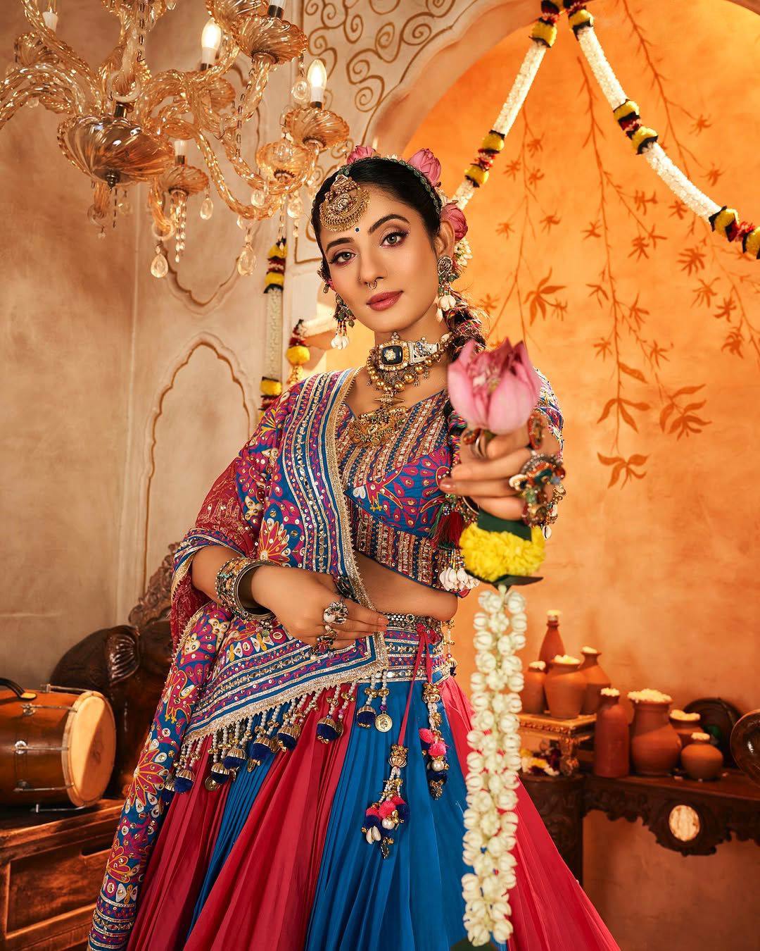Blue and Red Color Digital Printed Mirror Work Navratri Lehenga Set