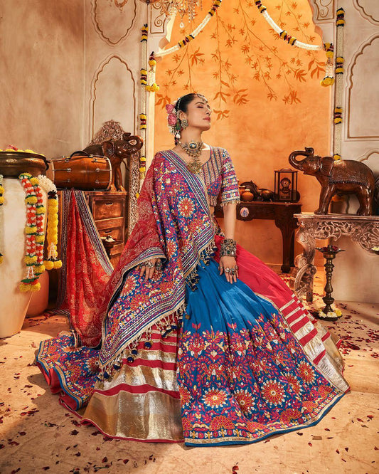 Blue and Red Color Digital Printed Mirror Work Navratri Lehenga Set