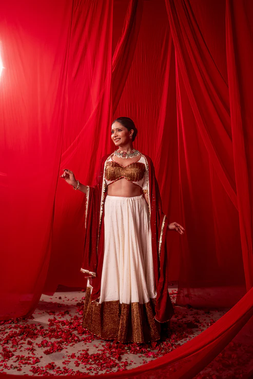 Kali Copper Tissue Contrast Lehenga Set